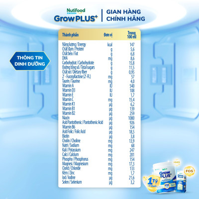 Sữa bột pha sẵn Nutifood Sweden GrowPLUS+ Tiêu Hóa (Xanh Nhạt) 1+ - Tiêu hóa khỏe, tăng cân (48 hộp x 180ml)