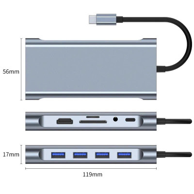 Hub Chuyển Đổi USB Type C - 11 in 1 - HDMI, USB 3.0, PD, SD, TF, RJ45, Audio 3.5mm USB 2.0 VGA - Tốc Độ Cao, Hàng Chính Hãng