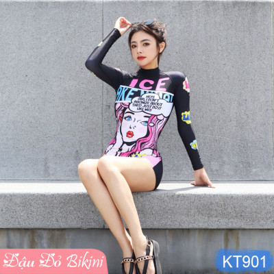 Bộ Đồ Bơi Nữ Liền Thân Quần Đùi Tay Dài, Chống Nắng Tối Ưu, Khóa Kéo Sau Tiện Lợi, Chất Vải Thun Lạnh Co Giãn Cao, Nhanh Khô - Phom Dáng Ôm Gọn, Tôn Dáng | KT901