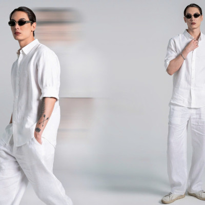 Set Bộ Sơ Mi Nam Basic Áo Dài Tay Mix Quần Suông Ống Rộng Vải Linen Sợi Tự Nhiên Mát Mẻ