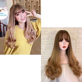 Tóc giả nguyên đầu️ vàng kim ombre nâu vàng- tặng lưới chùm tóc