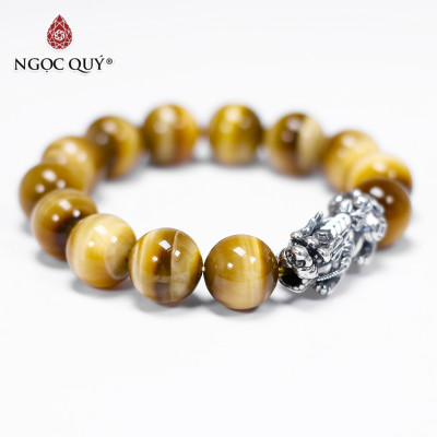 Vòng tay đá mắt hổ vàng tâm phối tỳ hưu bạc thái size hạt 13mm mệnh thổ , kim - Ngọc Quý Gemstones