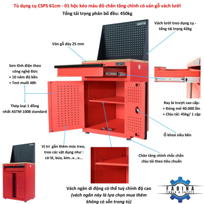 Tủ dụng cụ CSPS 61cm - 01 hộc kéo màu đỏ chân tăng chỉnh ván gỗ vách lưới