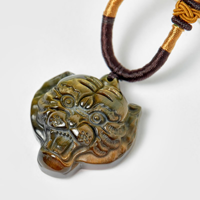 Mặt dây chuyền đầu hổ đá thạch anh mắt hổ xanh đen 32x30mm mệnh thủy, mộc - Ngọc Quý Gemstones