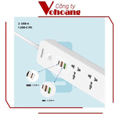 [Mỹ] Ổ cắm điện Energizer đa năng 5AC kèm 2 USB-A và 1 USB-C sạc nhanh PD (max PD 38W) - Energizer EPB2504EU