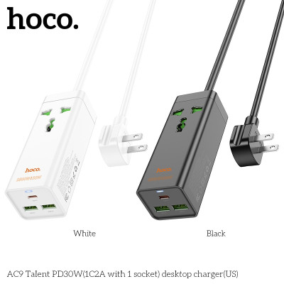 Ổ cắm điện đa năng sạc nhanh PD 30W cổng typeC + QC18W có 2*USB và 1*Type-C có 1 lỗ cắm tải 2500W dây dài 1.5m AC9 - Hàng chính hãng