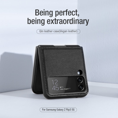 Case bao da chống sốc cho Samsung Galaxy Z Flip 3 trang bị chân chống giá đỡ điện thoại hiệu Nillkin Qin Vegan (bảo vệ máy cực tốt, chất liệu da thật cao cấp, thiết kế thời trang cá tính) - hàng nhập khẩu