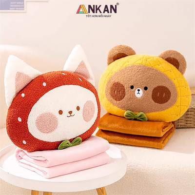 Chăn Gối Văn Phòng Kiểu Mèo Dâu Tây Cao Cấp Có Chăn Đi Kèm Dùng Làm Quà Tặng Cho Bạn Bè Người Thân Có Thể Tựa Đầu, Tựa Lưng Và Ngủ Tại Văn Phòng