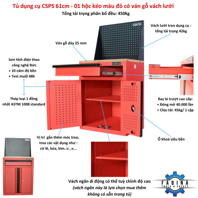 Tủ dụng cụ CSPS 61cm - 01 hộc kéo màu đỏ ván gỗ vách lưới