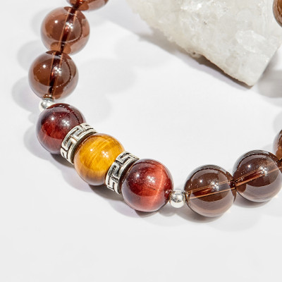 Vòng tay phong thủy đá thạch anh khói charm hoa văn 10mm mệnh thổ , kim - Ngọc Quý Gemstones