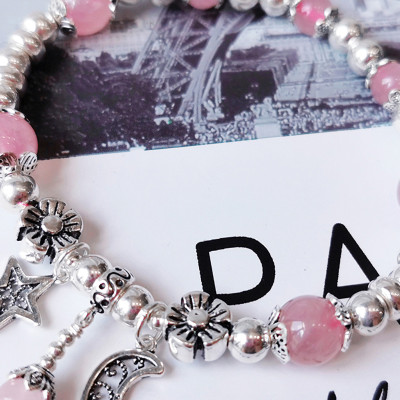 Vòng tay đá thạch anh hồng phối charm trăng sao mệnh hỏa, thổ - Ngọc Quý Gemstones