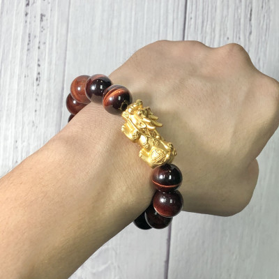 Vòng tay Thạch Anh Mắt Hổ nâu đỏ 14mm mix tỳ hưu bạc