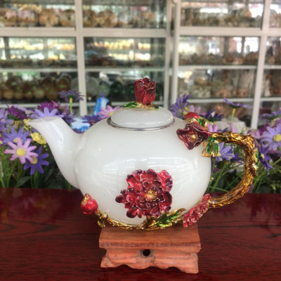 Bộ ấm trà chạm bông hoa mẫu đơn đá bạch ngọc