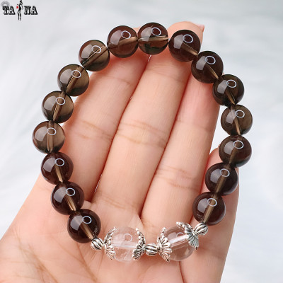 Vòng tay thạch anh khói kết hợp thạch anh trắng10mm mix charm bạc 925 cao cấp