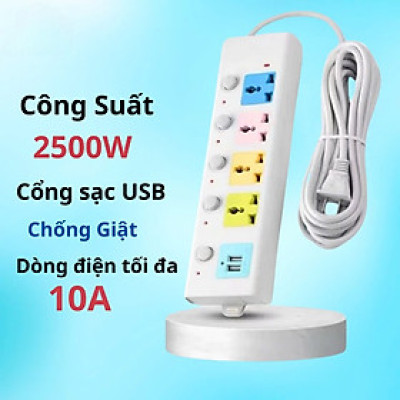 Ổ Cắm Điện Đa Năng Kết Hợp Ổ Cắm USB Chất Lượng Cao 4 Lỗ 3 Chấu Kéo Dài 1.8m Có Công Tắc Tải 2500W Nắp Chống Giật Chống Cháy Tiện Dụng An Toàn Chống Cháy Nổ