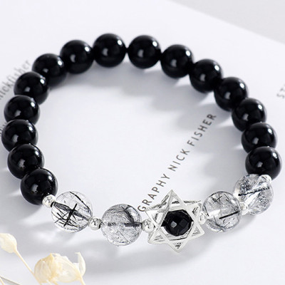 Vòng tay đá Obsidian phối thạch anh tóc đen mệnh thủy, mộc - Ngọc Quý Gemstones