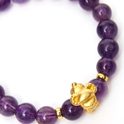 Vòng tay đá thạch anh tím charm tuổi mùi bạc mạ vàng 24K 8mm mệnh hỏa, thổ - Ngọc Quý Gemstones