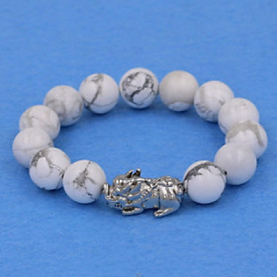 Vòng tay đá White Howlite 12 ly - cẩn Tỳ Hưu inox bạc VWHLTHT12 - hợp mệnh Kim, mệnh Thủy