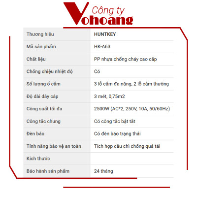 Ổ cắm điện 6 lỗ cắm Huntkey HK-A63 dây dài 3 mét, chịu tải 2500W với 3 lỗ cắm đa năng - Hàng chính hãng
