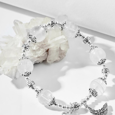 Vòng tay thạch anh lưu linh trắng charm cỏ 4 lá bạc Ngọc Quý Gemstones