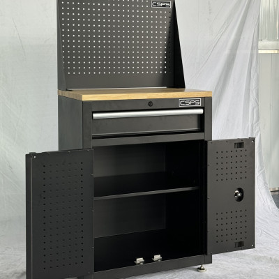 Tủ dụng cụ CSPS 61cm - 01 hộc kéo màu đen chân tăng chỉnh ván gỗ vách lưới (tay cầm trắng)