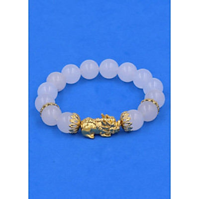 Chuỗi đeo tay Thạch Anh Trắng 12 ly - cẩn Tỳ Hưu Phong thủy inox vàng VTATTHBKV12