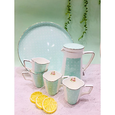 Bộ trà sứ xương cao cấp cốc cao chấm bi xanh ROYAL 5546