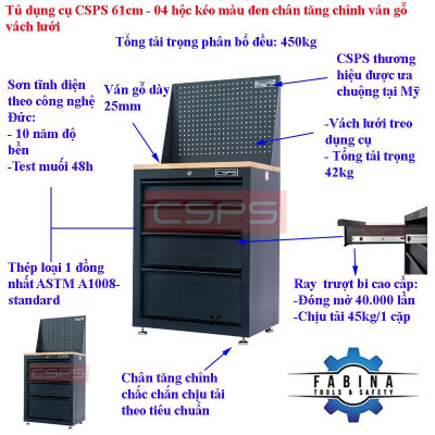 Tủ dụng cụ CSPS 61cm - 04 hộc kéo màu đen mặt ván gỗ kèm vách lưới