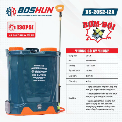 Máy Phun Thuốc Pin Lithium Boshun BS-20S2-12A, Dung tích 20L - Bơm đôi - Nạp 1 lần phun 30 bình - Bảo hành 12 tháng