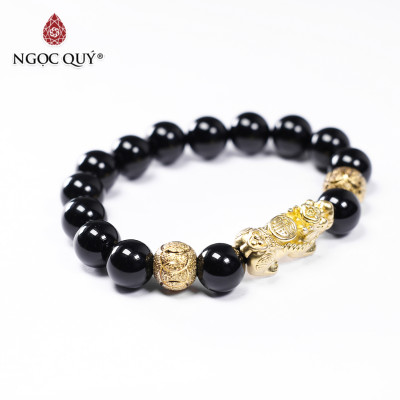 Vòng tay đá obsidian phối tỳ hưu bạc mạ vàng  size hạt 10mm mệnh thủy, mộc - Ngọc Quý Gemstones
