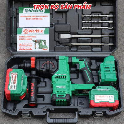 [Tặng Quạt Workfix 8 Inch + 1 Bộ Mũi Khoan Đục Bê Tông] Máy Khoan Đục Bê Tông 3 Chức Năng Dùng Pin 21V Workfix - WF-RH3003PRO - Có Anti-kickback, Giảm Rung RVT - 6 Tốc Độ - Chân Pin Phổ thông 2 Pin 21V/6Ah - Động Cơ Từ Lõi Đồng
