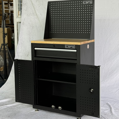 Tủ dụng cụ CSPS 61cm - 01 hộc kéo màu đen chân tăng chỉnh ván gỗ vách lưới (tay cầm trắng)