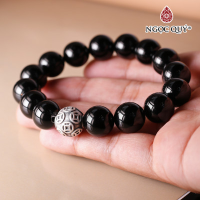 Vòng obsidian 12mm mix charm đồng tiền bạc mệnh thủy, mộc - Ngọc Quý Gemstones