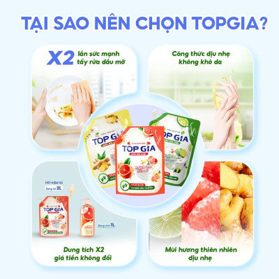 Combo 2 Túi 2L Nước Rửa Chén TOPGIA Thiên Nhiên, Làm Sạch Dầu Mỡ Hiệu Quả Và An Toàn Cho Da Tay