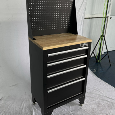 Tủ dụng cụ CSPS 61cm - 04 hộc kéo màu đen chân tủ ván gỗ vách lưới (tay cầm trắng)