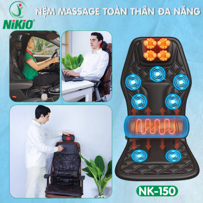 Nệm (đệm) massage ô tô cao cấp Nikio NK-150 - Con lăn 3D xoa bóp cổ vai gáy, kết hợp nhiệt nóng sưởi ấm lưng, cổ và rung toàn thân tạo cảm giác thư giản, túi khí nâng đỡ cột sống lưng