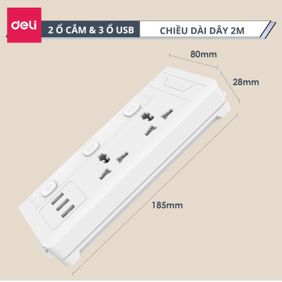 Ổ Cắm Điện Đa Năng Kèm Cổng USB CÔNG TẮC RIÊNG Chống Giật Chống Cháy Chất Lượng Cao Deli - Hàng Chính Hãng - ET409 410 411