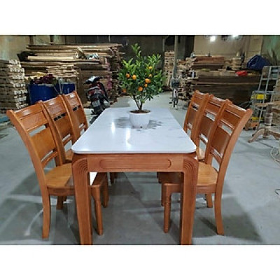 Bàn ghế ăn mặt đá gỗ sồi màu xoan đào cho phòng bếp