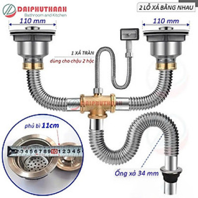 Bộ Xả Chậu Chén Xi Phông Inox 2 Hộc Phụ Kiện Thau Chịu Nhiệt Cao Thoát Nước Nhanh - Lỗ xả bằng nhau phi 110 (lọt lòng 90)