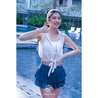 Combo bộ đôi áo lưới - áo ngực đa năng LMcation Elisa Bella trắng & Quần váy đa năng Gym-to-swim LMcation Jean