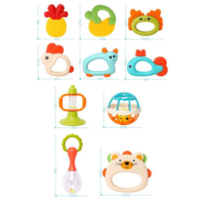 Bộ 10 món đồ chơi xúc xắc kèm gặm nướu cho bé, lục lạc kèm gặm nướu chất liệu nhựa ABS và silicon cao cấp