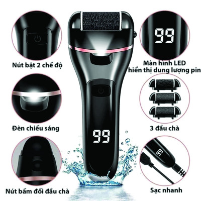 Máy chà gót chân tẩy tế bào chết 3 đầu mài 2 chế độ cao cấp, máy mài gót chân đa năng - tặng kèm bộ phụ kiện 10 món