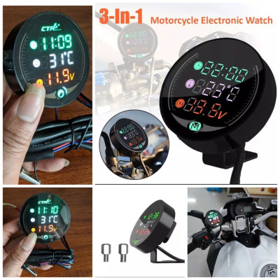 Đồng Hồ Cao Cấp Cho Xe Máy: 3in1 Báo Giờ, Nhiệt Độ, Vôn Ắc Quy - Mẫu Mới Chống Nước Loại Tốt, ĐÈN TRANG TRÍ