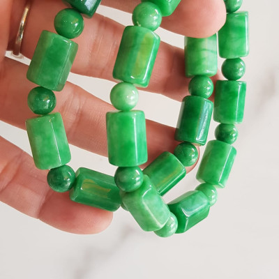 Vòng đeo tay nữ đá cẩm thạch xanh mix kiểu hạt ống vuông dài tròn size 10mm Nữ mệnh mộc hỏa thủy đeo xinh may mắn ạ