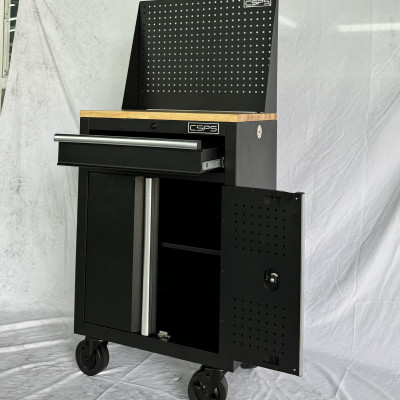 Tủ dụng cụ CSPS 61cm - 01 hộc kéo màu đen bánh xe ván gỗ vách lưới (tay cầm trắng)