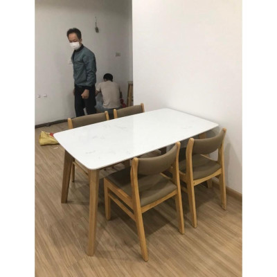 Bộ bàn ăn benla mặt đá 1m4 + 4 ghế benla màu tự nhiên  Thương hiệu Nội Thất Bình Long 