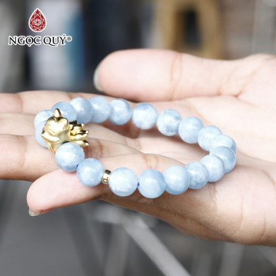 Vòng tay đá Aquamarine phối hồ ly mạ vàng size hạt 9mm mệnh thủy, mộc - Ngọc Quý Gemstones