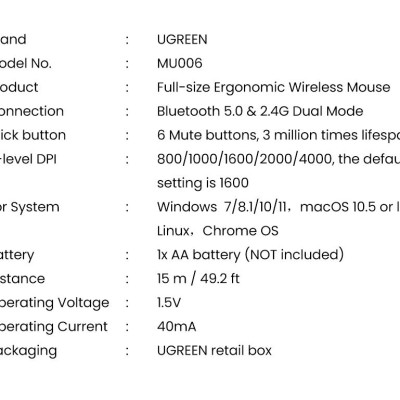 Ugreen UG15508MU006TK 4000DPI 6 nút điều chỉnh kiểu dáng Công thái học Màu Xanh Chuột bluetooth + 2.4ghz không dây Không kèm Pin AA - HÀNG CHÍNH HÃNG