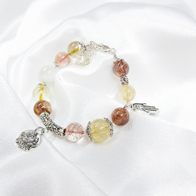 Vòng tay mệnh Thổ , Kim đá thạch anh tóc kết hợp charm hoa sen bạc LAT.113