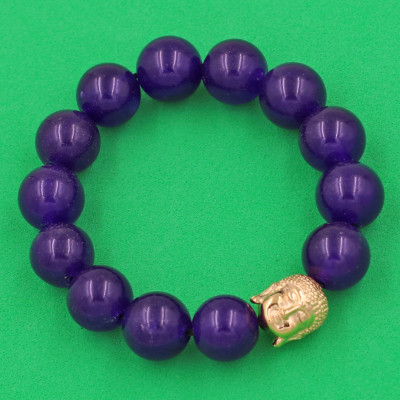 Vòng đeo tay Thạch Anh Tím 14 ly cẩn hạt Phật A Di Đà inox vàng VTAINLV14 - hợp mệnh Hỏa, mệnh Thổ